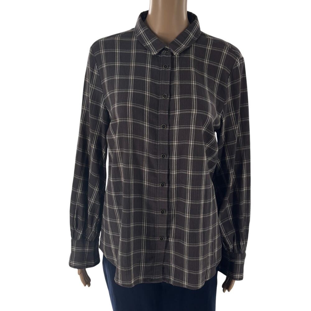 Garnet Hill Gray Plaid Organic Cotton Button Down Gauze Shirt - Picture 4 of 11
